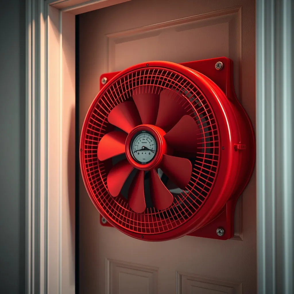 Close up of a red blower door test fan installed in a doorwa