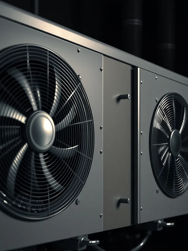 Industrial close-up of a modern air-source heat pump externa