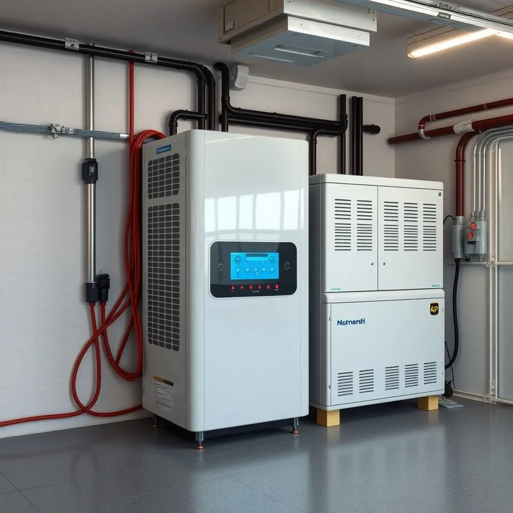 Close up of a high-tech solar power inverter and battery sto